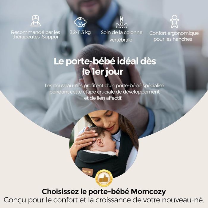 Momcozy nyfødt bæresele, ergonomisk støtte med nakkestøtte, lett og trygg (3 til 11 kg), svart