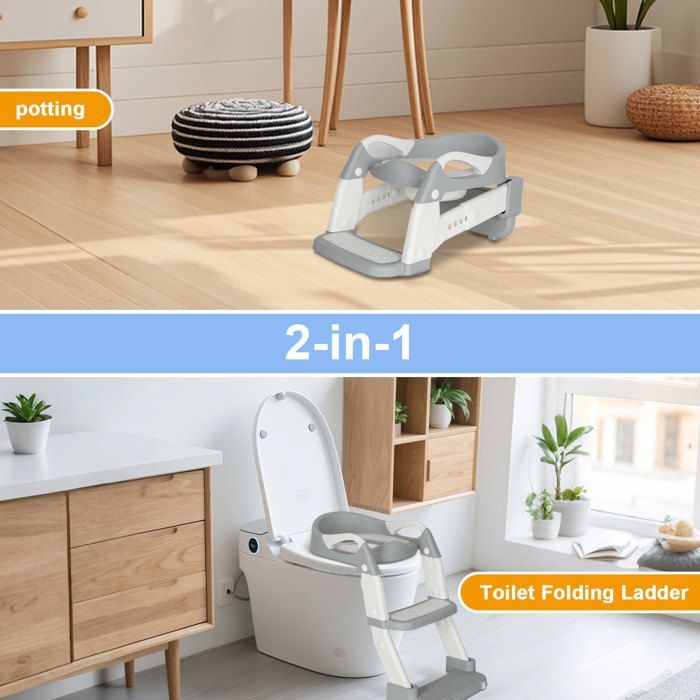 Cecaylie 2-in-1 Child Toilet Seat with Folding Step Stool, Cushions and Handles, Height Adjustable, Urinal, Toilet Reducer