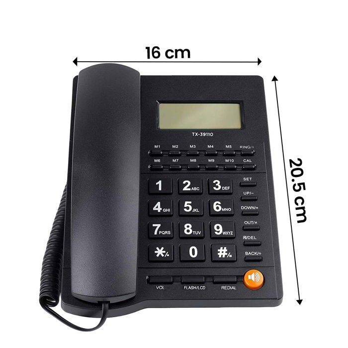 Telefone fixo multifuncional com fio, tela LCD e teclas M1 a M10, preto.