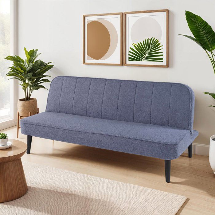 Sofá-cama de 3 lugares com mecanismo click-clack em tecido azul com textura em laço - SHERPA