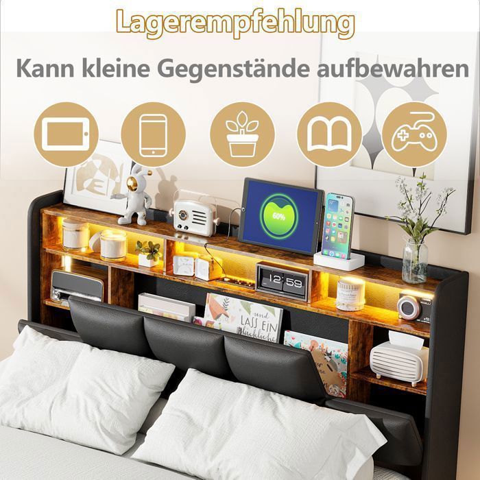 LED-bed met opbergruimte 140x200 cm met lattenbodem - 2 stopcontacten en 2 USB-poorten - PU-leer - Gestoffeerd bed - Hoofdbord met opbergruimte - Bed voor volwassenen/tieners - Zwart