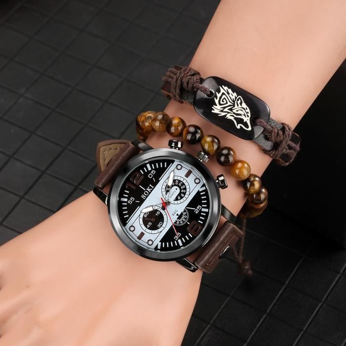Set regalo da uomo SHARPHY con orologio e bracciale – Bracciale cronografo con perline stile tigre e cinturino in pelle marrone, regalo di carattere
