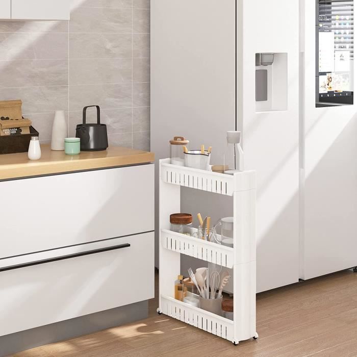 WOLTU Etagère de niche, Chariot de stockage-cuisine, Desserte de cuisine, Etagère de rangement à roulettes,3 étages,Blanc