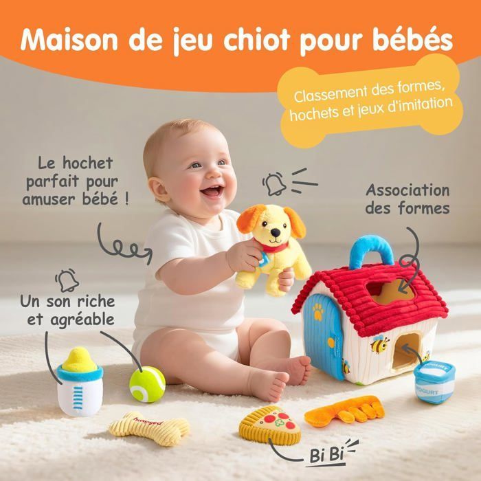 Juguete para bebés de 6 a 12 meses: Set de perro de peluche sensorial - Juguete Montessori para niños con sonajero, sonido crujiente y espejo.