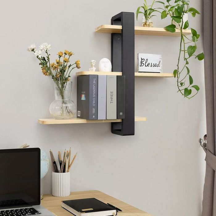 Grande étagère murale en bois Étagère flottante réglable 3 niveaux 50x58cm Organisateur suspendu pour maison bureau noir