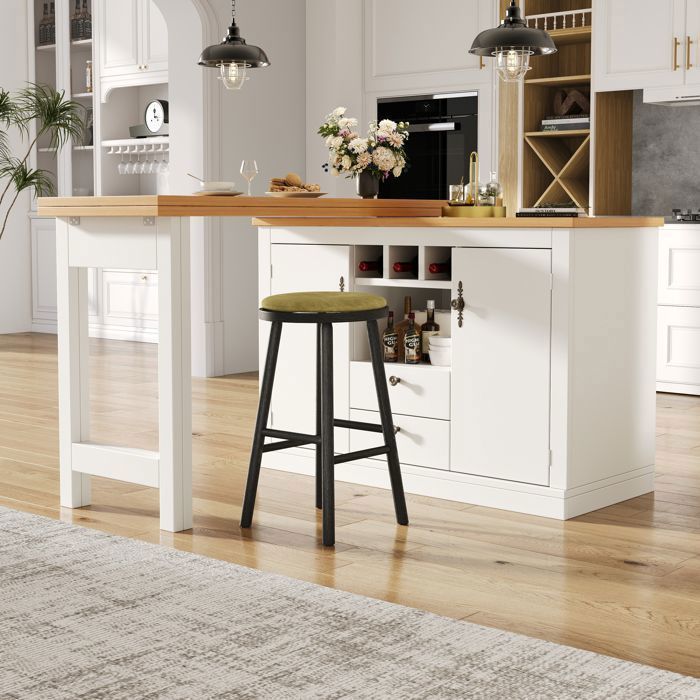 Isla de cocina extensible de 120-180 cm, color blanco, con almacenamiento y botellero, mesa de comedor giratoria de 360°, mesa alta.