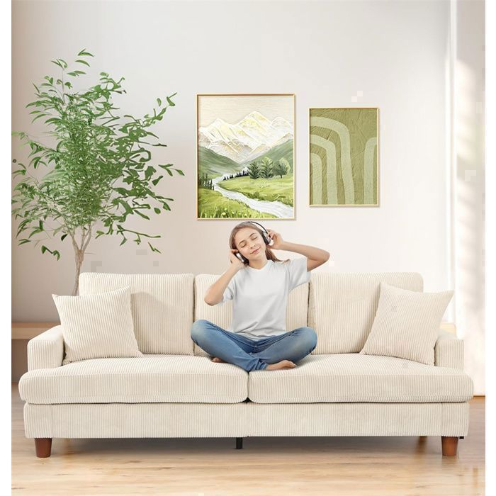 Large 3-Seater Beige Corduroy Sofa, Scandinavian Style with 3 Cushions and 2 Pillows for the Living Room, 220×76×84cm