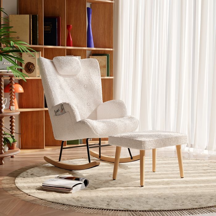 Fauteuil à Bascule,chaise a bascule avec Pieds en Bois Massif Repose Pieds épais,chaise a bascule allaitement pour Salon,Chambre