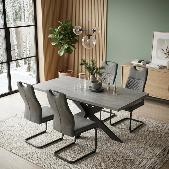 JIEXI Ensemble comprenant une table à rallonges grise et 4 chaises avec housses, idéal pour la cuisine et le salon