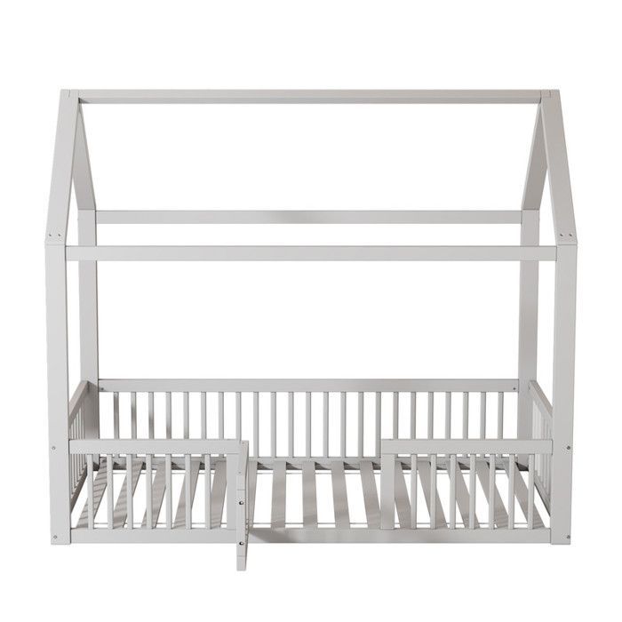 Cama infantil tipo cabaña de madera maciza MODERNLUXE - Blanca - 90x200cm - Puerta de seguridad