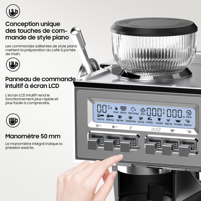 Iceagle-espressokone - italialaistyylinen - 20 baarin pumppu - 1350 W - 25 asetusta - integroitu jauhin - LCD-näyttö - 3 lämpötila-asetusta - 1,6 l