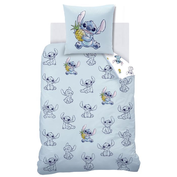 Set di biancheria da letto per bambini 100% cotone - DISNEY STITCH ANANAS - Blu/Bianco - 140x200+63x63cm