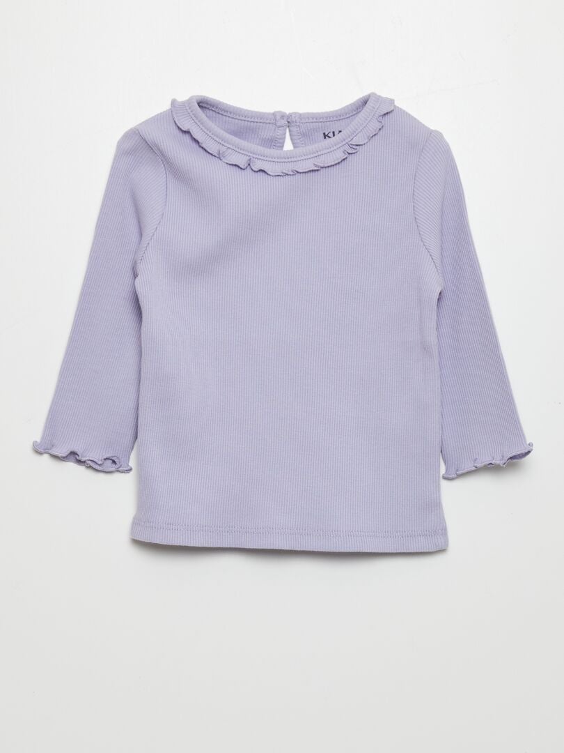 Camiseta de punto acanalado con cuello de volantes - AZUL