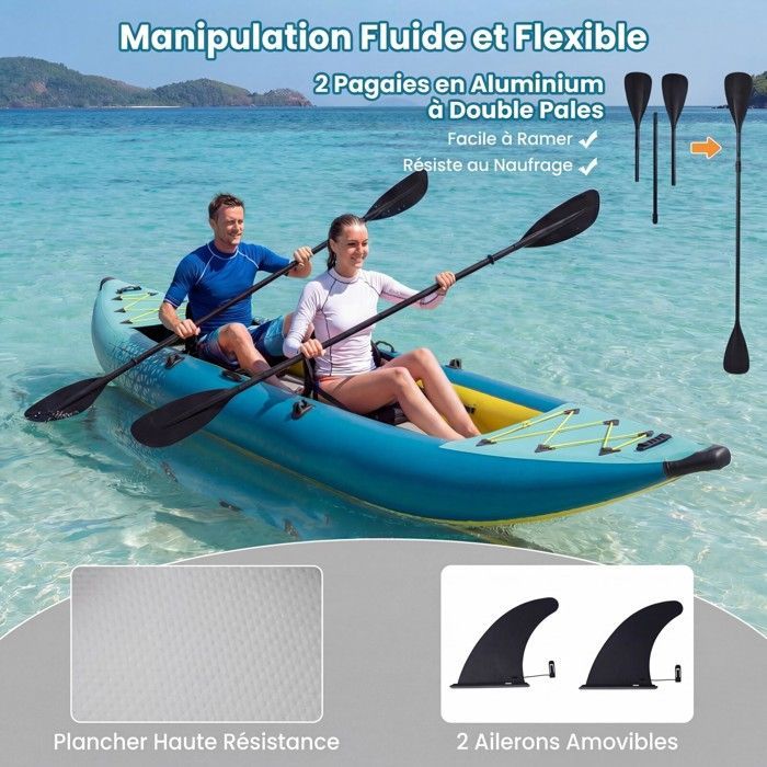 Kayak hinchable COSTWAY para 2 personas, 381x94x40cm - 2 remos de aluminio, 2 aletas desmontables, kit de reparación - Bomba de mano - 230 kg - Verde