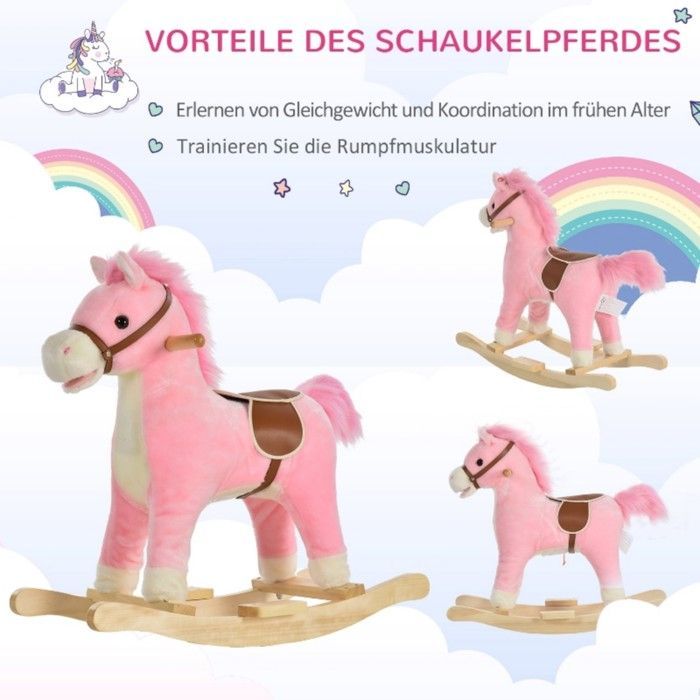 Pink plush rocking horse 65x32.5x61cm with animal sounds, developmental and balance toy for children aged 36 to 72 months, ideal gift