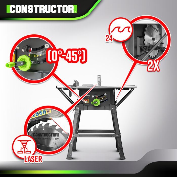 Serra de mesa - CONSTRUCTOR - 2000W - 254mm - 2 lâminas - Laser integrado