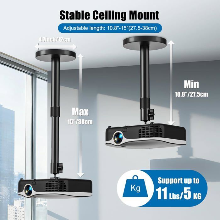 Soporte de techo para proyector - ZGEER - Soporte de pared para proyector - Poste extensible de 27,5 a 38 cm - Rotación de 360°