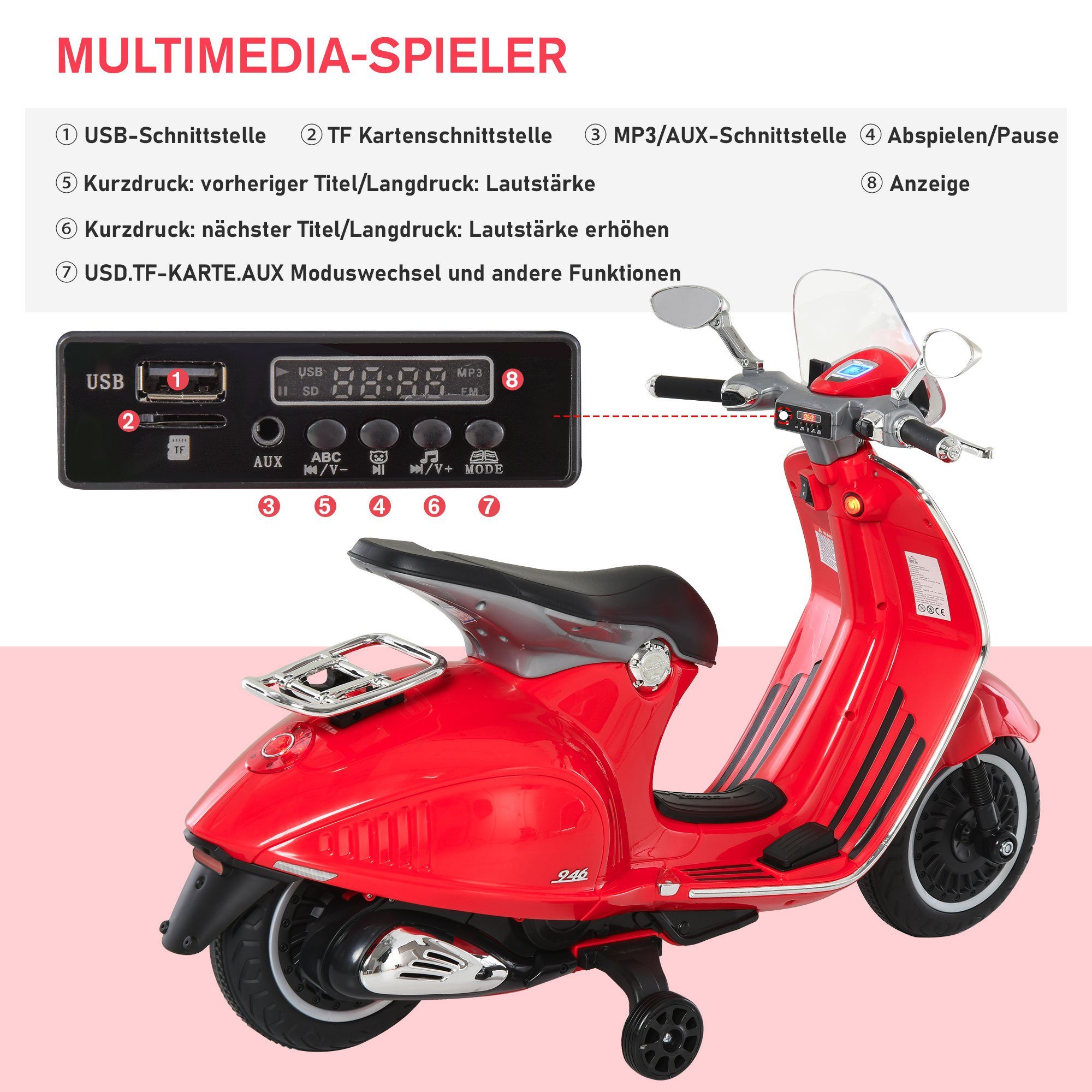 HOMCOM elektrische kindermotor met MP3-speler en verlichting, 3-6 jaar, PP, wit, draagvermogen 30 kg, (1 stuk), 108L x 49B x 75H cm