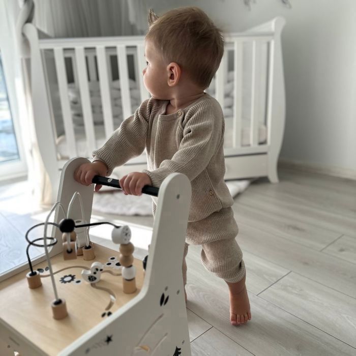 Trotteur Bébé Bois  Montessori Mamabrum 6-en-1- Table d'Activité Bois- Boulier, Trieur de Formes, Boucles de Motricité