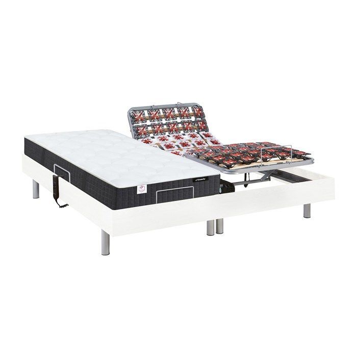 Cama eléctrica de relajación con base de láminas + colchón de muelles ensacados y espuma viscoelástica - 2 x 90 x 200 cm - Blanca - PHANES by YSMÉE