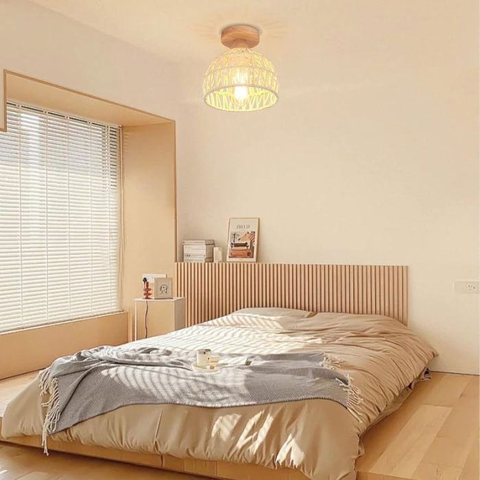 IDEGU Plafoniera industriale, lampada da soffitto vintage a gabbia, lampadario regolabile in legno di rattan bianco, stile rustico per soggiorno e camera da letto