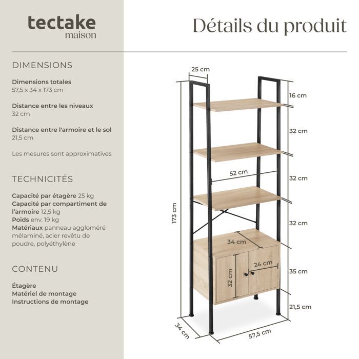 Shelf - TECTAKE - BRENTWOOD shelf with minimalist and industrial design in chipboard, 57.5 x 34 x 173 cm - Light wood