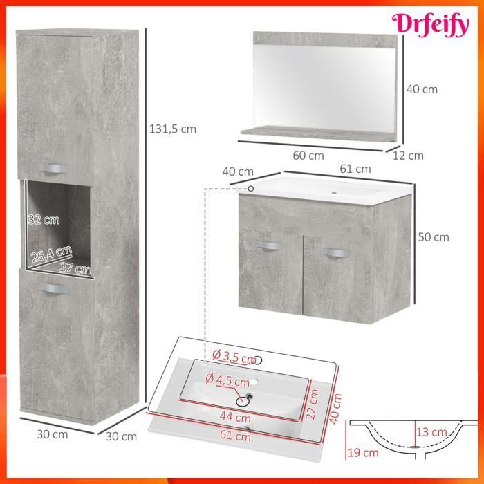 Ensemble de meubles de salle de bain - AKOZON - 8643 - 4 pièces - Gris - Suspendu - Vasque céramique