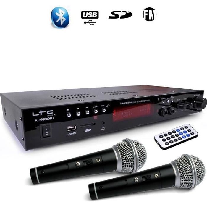 LTC ATM6000BT HiFi-Stereo-Verstärker – 100 W, USB/SD/MP3/Bluetooth & Karaoke mit 2 kabelgebundenen Mikrofonen