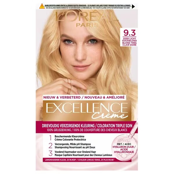 „L'Oréal Paris Excellence Crème 9.3“ ilgalaikiai plaukų dažai, labai šviesūs auksiniai blondinai.