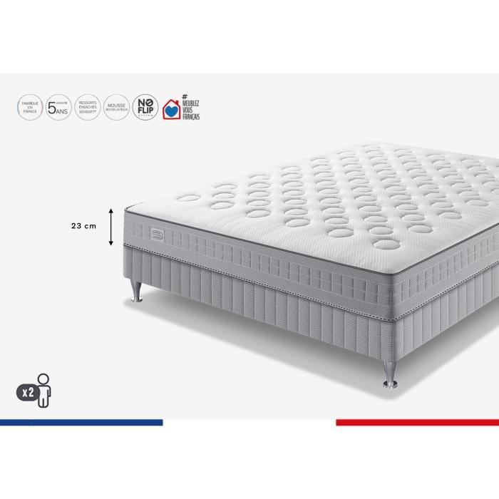SIMMONS SW1 Ensemble 160 x 200 matelas + sommier - Ep. 23 cm - No Flip - Ressorts ensachés - Ferme - Fabriqué en France