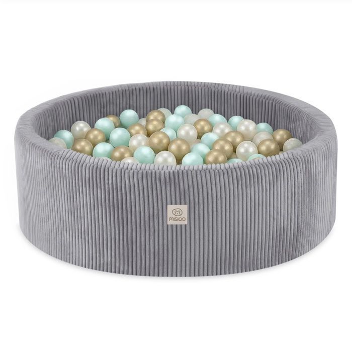 MISIOO Round Corduroy Ball Pit for Baby/Children's Room, Grey, 90x30 cm, 300 Balls: Mint/Gold/Pearl White