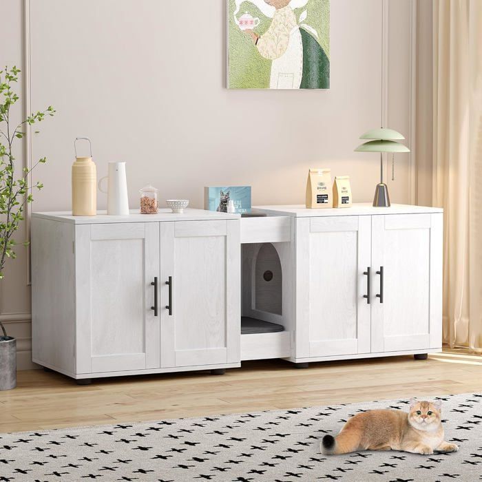 Arenero para 2 gatos, casita de baño para gatos con doble compartimento, bandeja de madera de 140 x 45 x 57 cm - Blanco