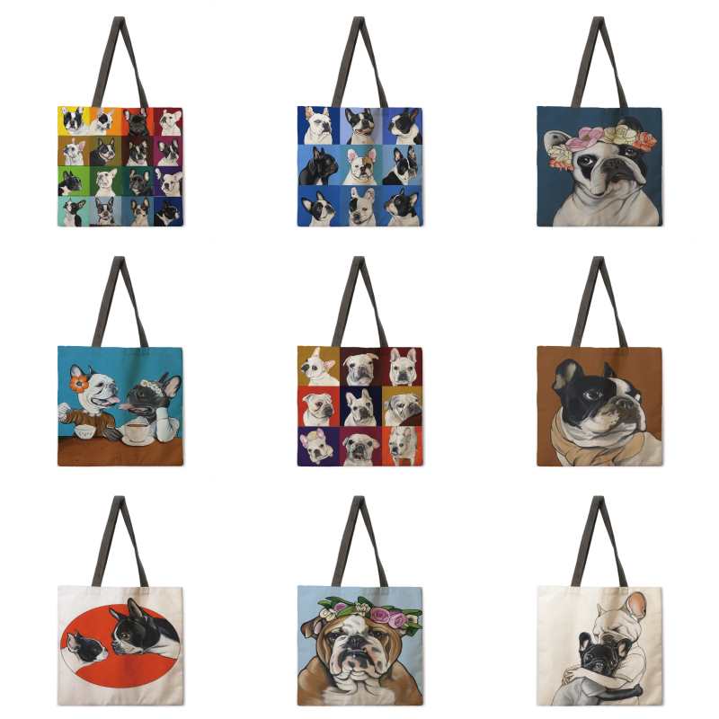 Sac de plage extérieur en lin pour femme, motif bouledogue français, sac bandoulière décontracté et portable, sac à provisions pliable