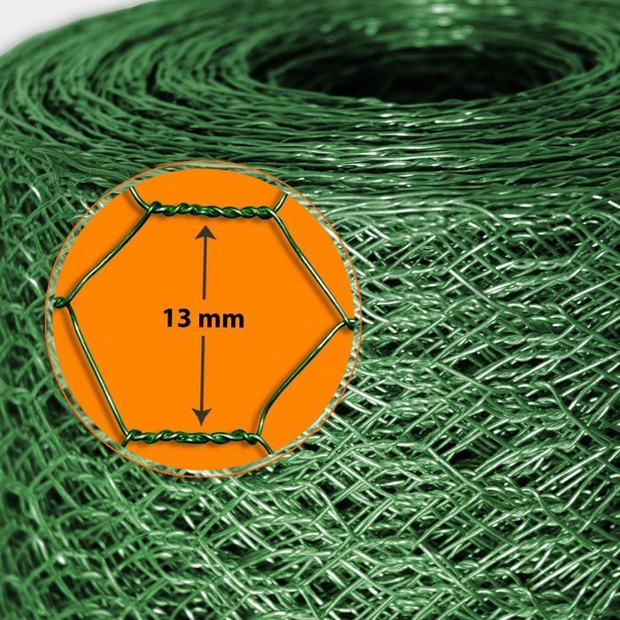 Rete metallica a tripla torsione, verde, maglia esagonale, dimensione maglia 13 mm, 100 cm x 25 m