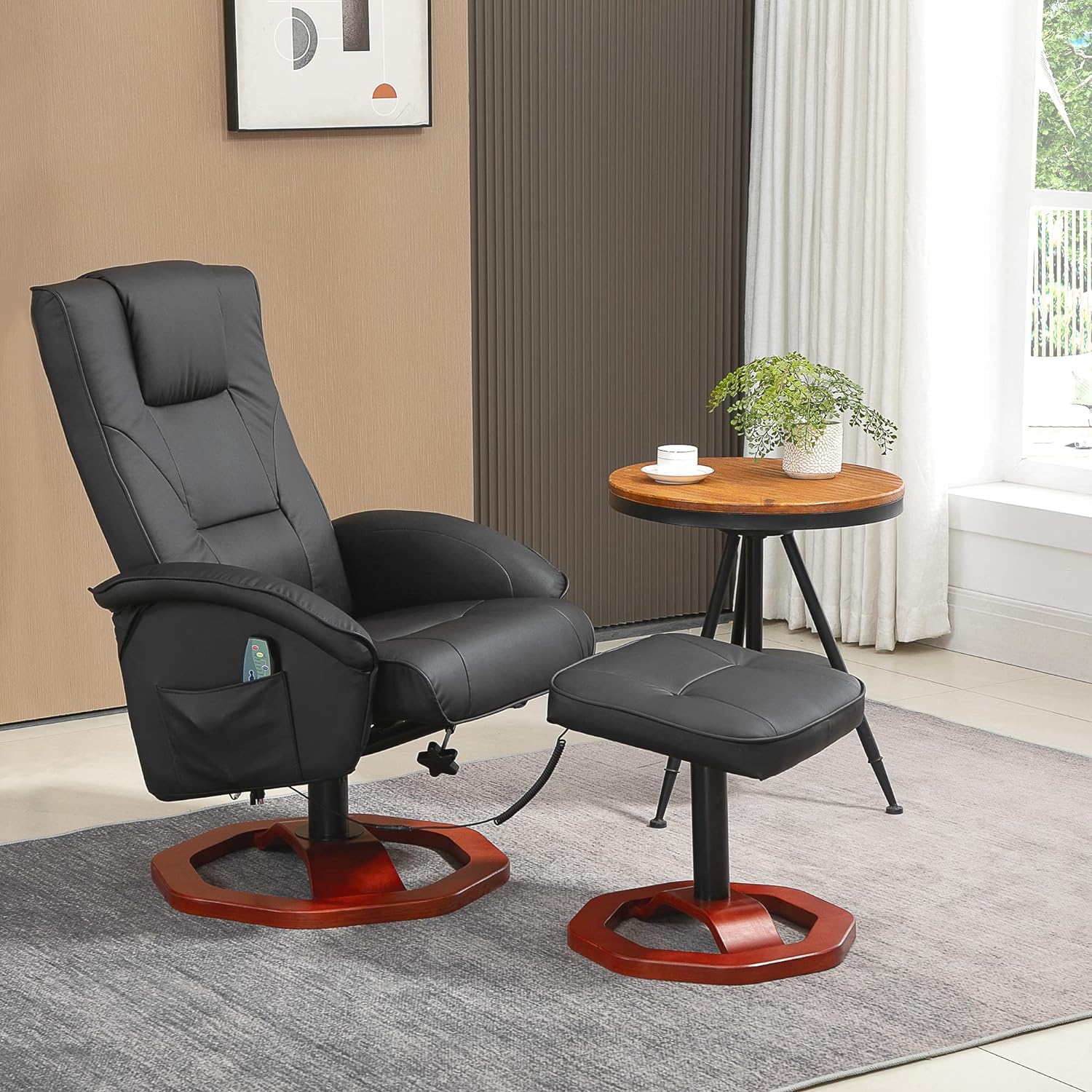 Poltrona de massagem HOMCOM com apoio para os pés, função de descanso, reclinável com função de massagem, giratória 360°, em couro sintético, preta com estrutura em aço marrom, 73 x 83 x 106 cm