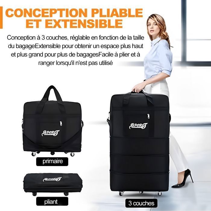 Bolsa de viaje con ruedas de 45L-95L, bolsa de lona plegable y expandible, bolsa deportiva para hombres y mujeres, color negro.