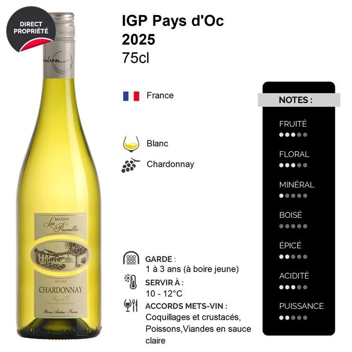 Bruno Andreu Pays d'Oc Maison Les Prunelles Chardonnay 2025 - Vin Blanc du Languedoc - Roussillon (6x75cl)