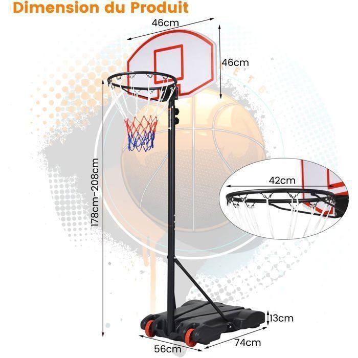 Aro de baloncesto independiente COSTWAY para niños y adultos, altura ajustable de 179 a 208 cm, para uso interior y exterior, con ruedas y 2 redes.