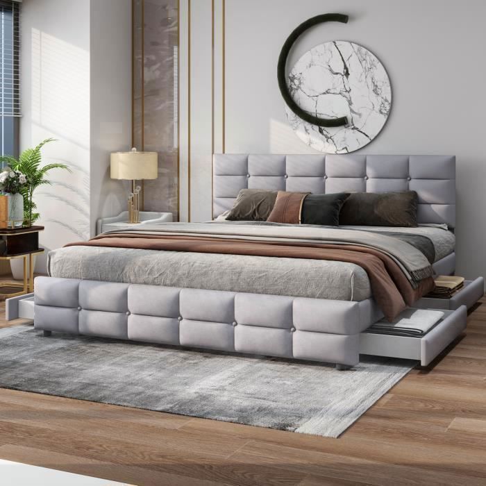 Cama doble tapizada - MARCA - 180 x 200 cm - 4 cajones - Tela de terciopelo gris