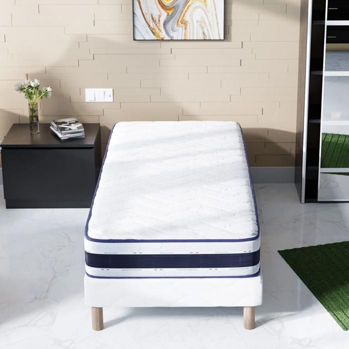 Blue Memory Set: Bed Base + Mattress 90x190 cm | Height 22 cm | Memory Foam | 4 Legs | Balanced Comfort