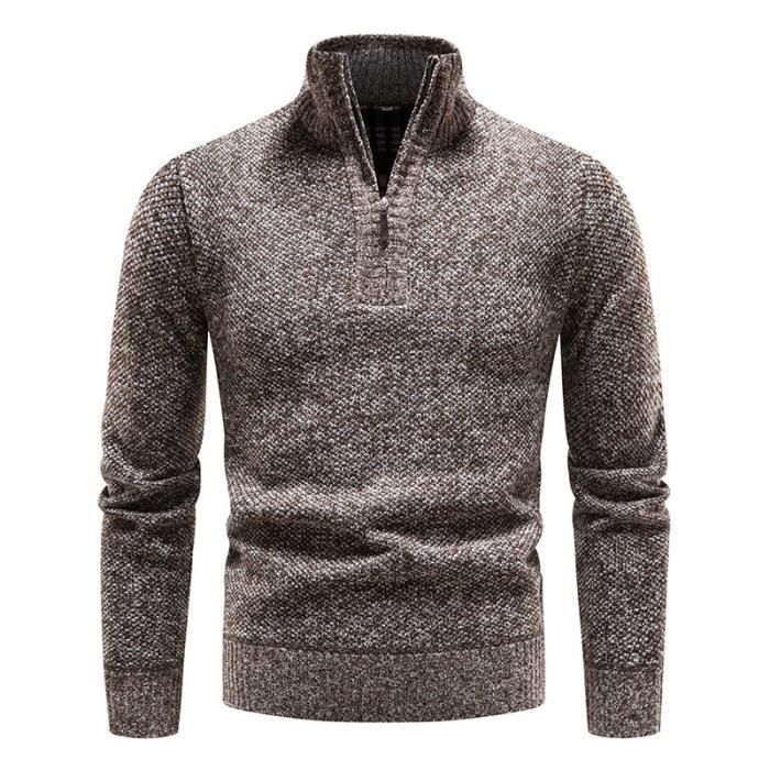 Suéter de invierno para hombre con cuello con cremallera, tejido de punto con forro polar, jersey grueso y cálido informal, color liso - Café