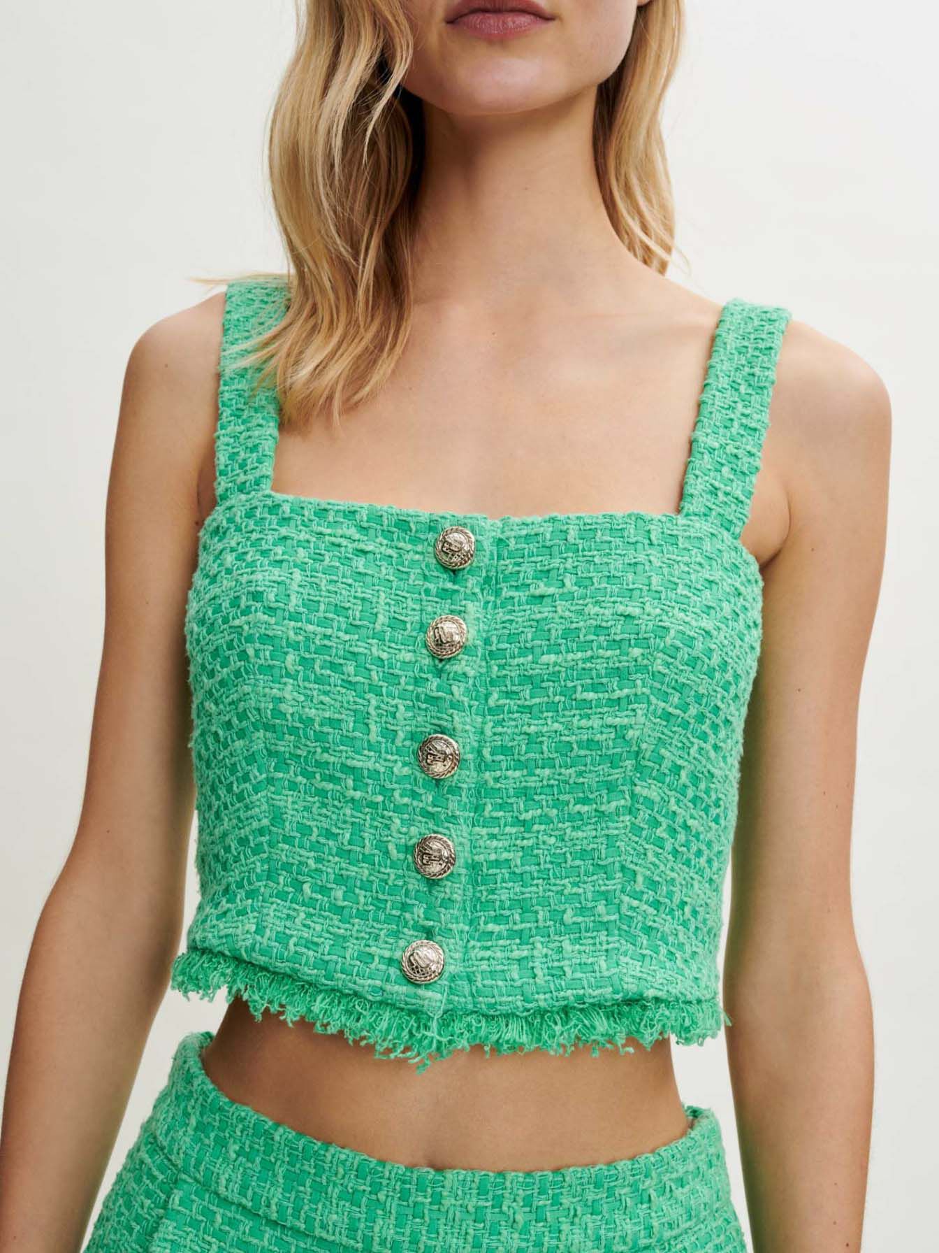 Top scurt din tweed cu bretele - Vert