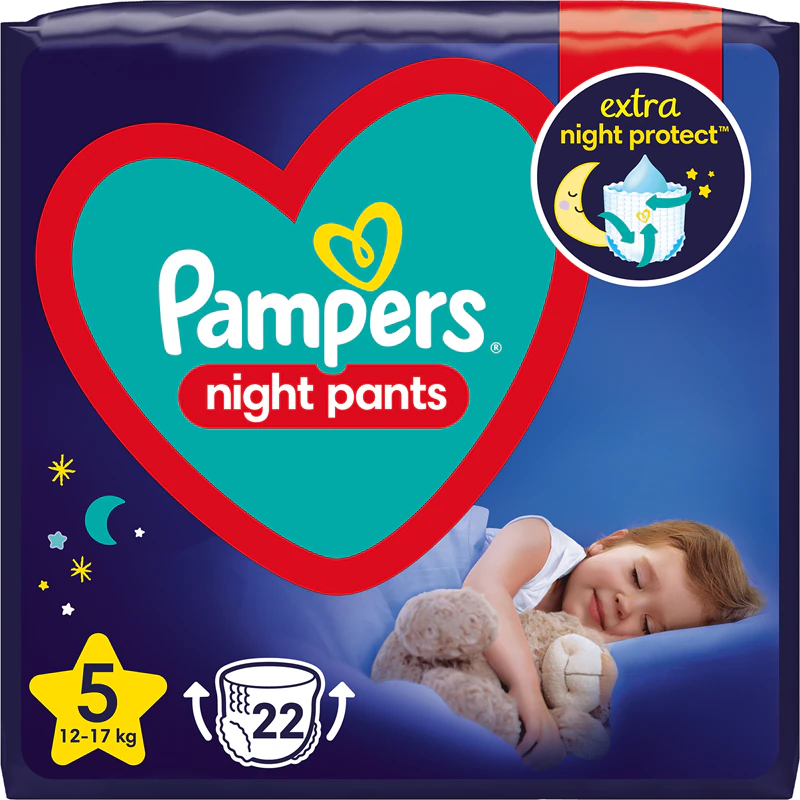 Fraldas noturnas descartáveis Pampers Night Pants, tamanho 5.