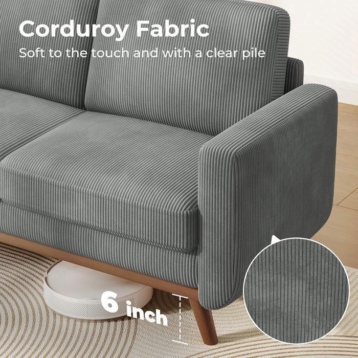 Sofá de pana de 2/3 plazas, patas de madera maciza, sofá moderno escandinavo gris para salón, oficina o dormitorio, 172x76x88cm