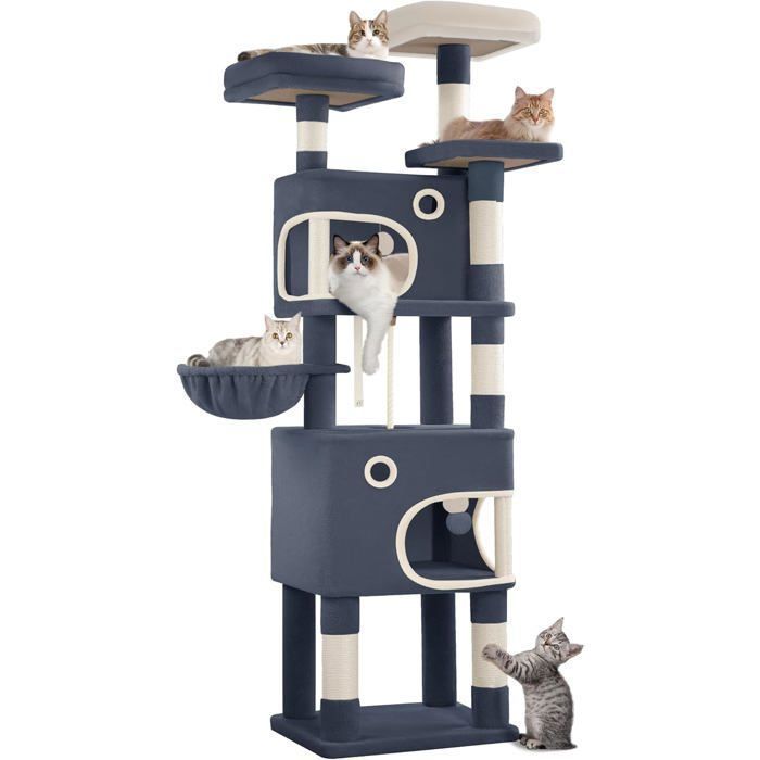 Árbol rascador para gatos, 180 cm de altura, torre de juegos con 8 postes rascadores, 3 plataformas, 2 cuevas, cesta y pompones, gris oscuro.