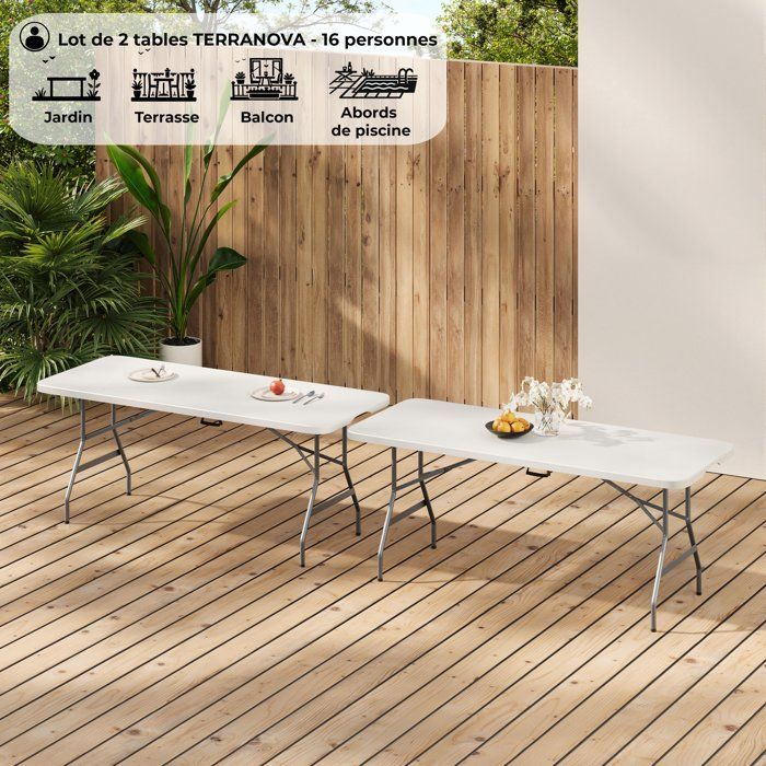 Set of 2 folding catering reception tables - 16 people - White - 180x74xH73.5cm - Steel frame and polyethylene PEH tabletop