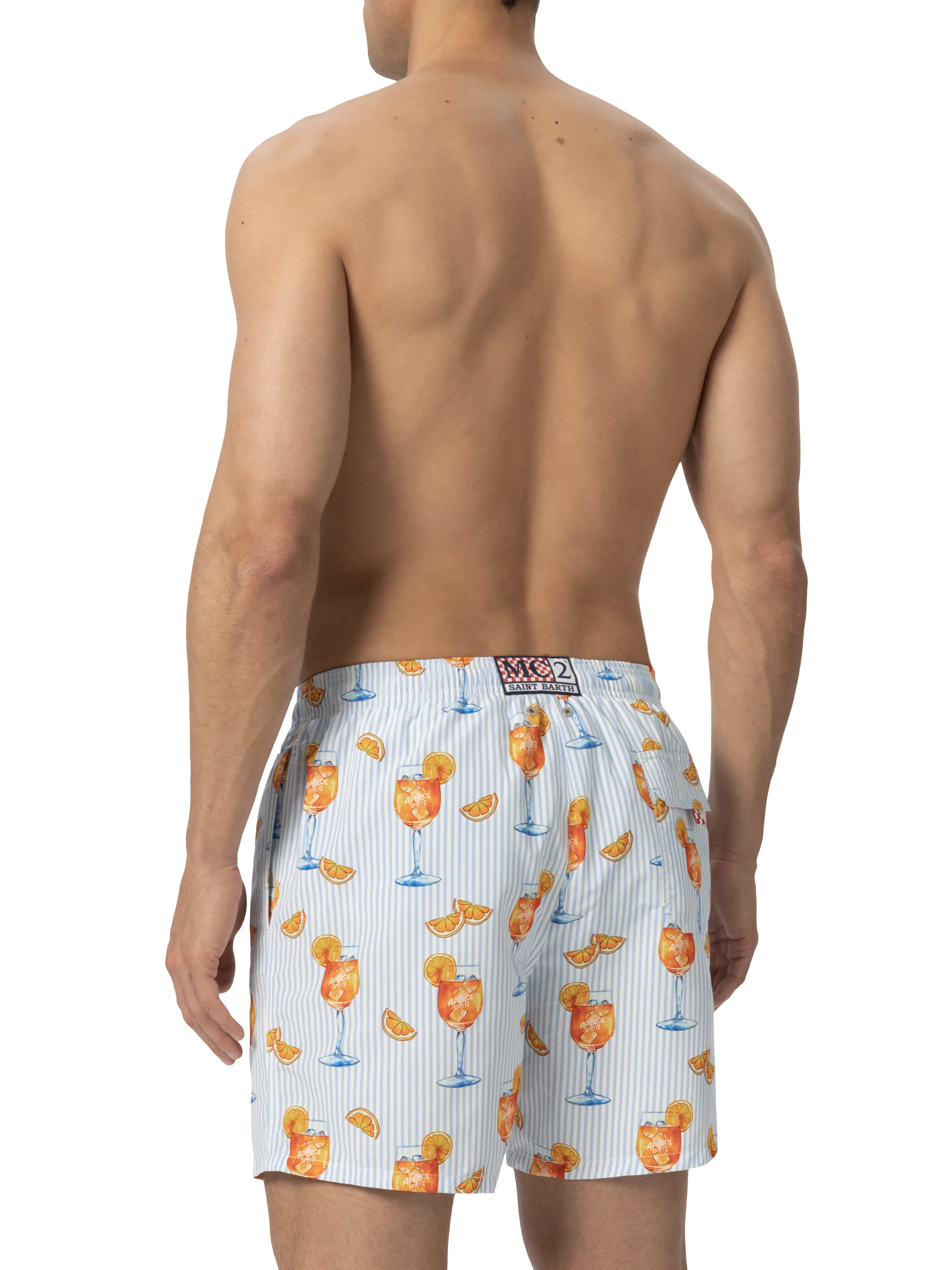 Costume mare lunghezza media Gustavia con stampa Aperol Spritz e righe