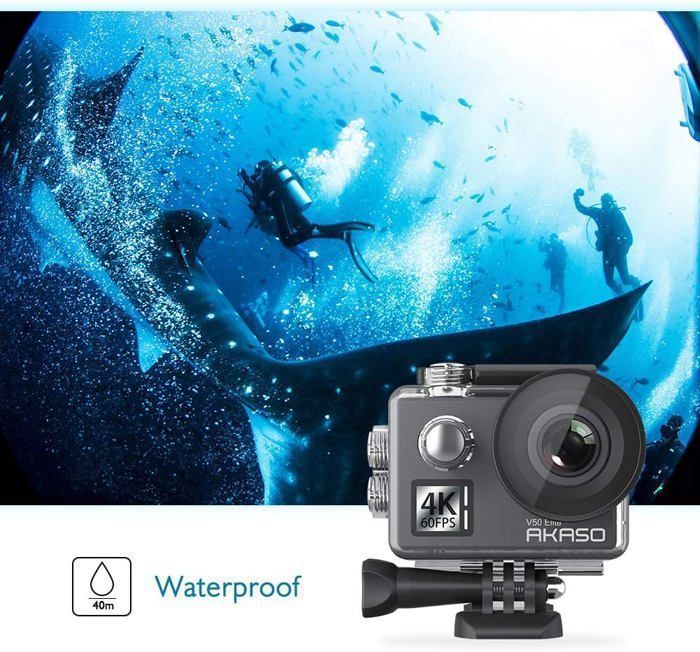 Videocamera sportiva AKASO V50 Elite impermeabile con registrazione video 4K a 60 fps e risoluzione di 20 megapixel, dotata di scheda di memoria Extreme da 64 GB - Nera