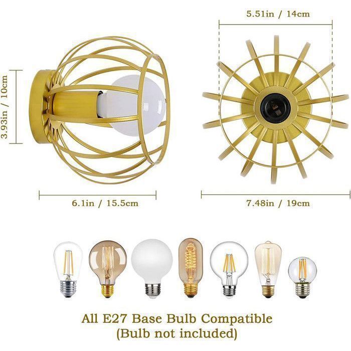 DORLINK Plafonnier Industriel en Métal Doré – Ø20 cm – Luminaire Plafonnier Design Rétro pour Salon Chambre Couloir