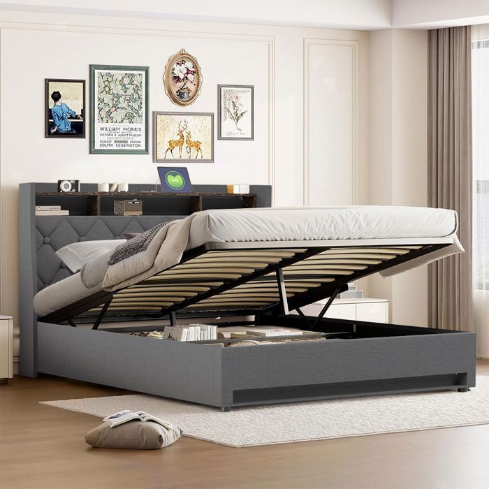 160 x 200 cm Storage Bed with Slatted Base - NHHF - Double Bed with Storage, LED Lighting, and USB Port - 160 x 200 cm Hydraulic Bed with Under-Bed Storage